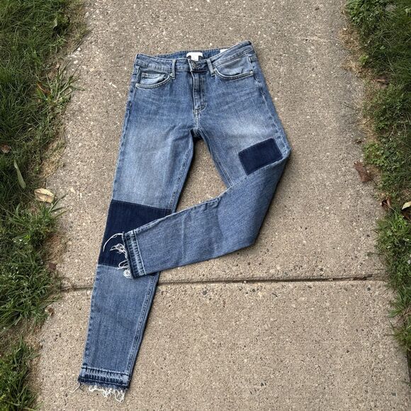 H&M Conscious Jeans Womens 8 Blue Skinny Patchwork Mid Rise Raw Hem Hippie Boho - Picture 1 of 7